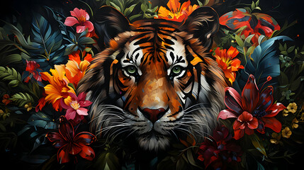 Canvas Print - Tiger in Flowers Illustration