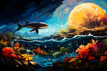 Sticker - Digital Art Illustration of Underwater World with Whale and Coral Reef