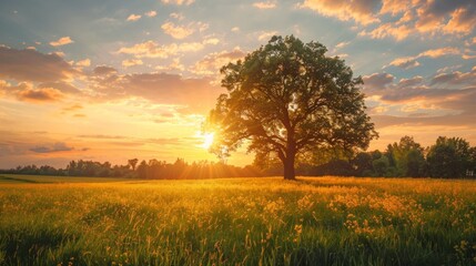 Golden hour sunset landscape with lone tree in field of wildflowers.