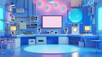 Poster - Use a cute style to depict a TV show podcast studio in a 3D render  AI generated illustration