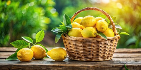 Basket of fresh yellow lemons with green leaves in a rustic outdoor setting, lemons, yellow, fresh, basket, green leaves