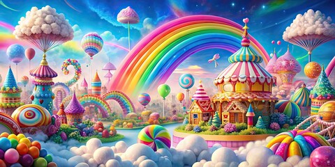 Poster - Amusement park filled with colorful candies, fluffy clouds, rainbows, fairies, and candy Candyland paradise , amusement park