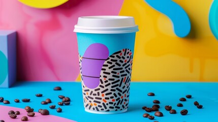 Wall Mural - Vibrant colors and playful patterns in a Memphis-inspired coffee design  AI generated illustration