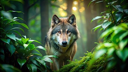 Sticker - A lone wolf prowling through the dense jungle, wolf, wildlife, predator, nature, jungle, wilderness, animal, forest