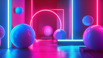 Poster - Vibrant neon colored 3D render with abstract shapes AI generated illustration