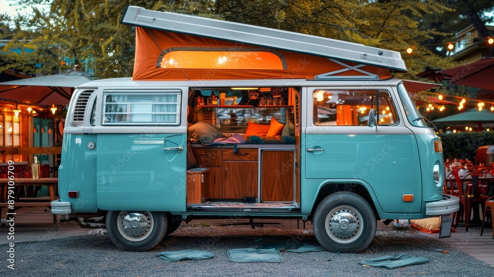 Vintage camper van parked in a retro diner parking lot AI generated ...