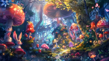 Wall Mural - Whimsical characters in a whimsical wonderland  AI generated illustration