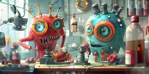 Poster - Whimsical characters interacting with medical inventions AI generated illustration