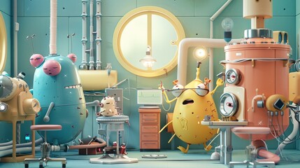 Poster - Whimsical characters interacting with medical inventions  AI generated illustration