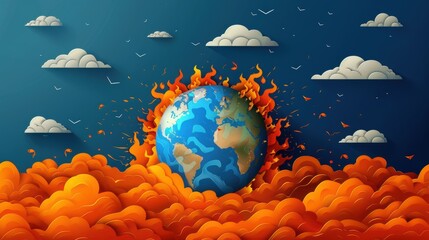 A paper drawing of a planet on fire with clouds in the background