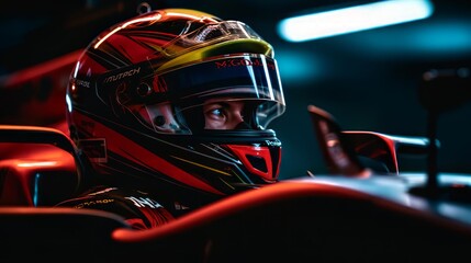 F1 Racer. The formula one or f1 racer wearing the red helmet, the racing driver is focusing on the race track.