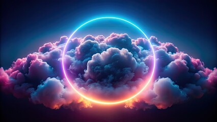 Wall Mural - abstract cloud surrounded by neon light ring in night sky, celestial, aura, abstract, cloud, neon, l