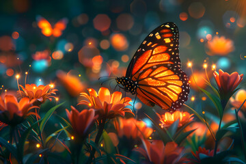 Poster - Glowing Butterfly on Flowers - 3D Illustration