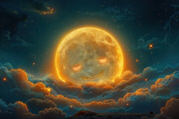 cartoon moon with a face in the sky