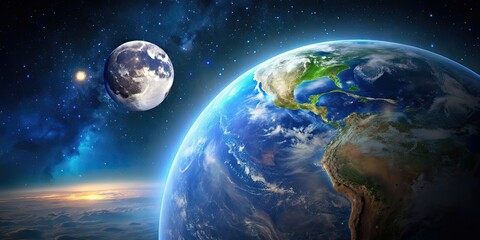 Wall Mural - a stunning stock photo of the earth shining brightly with the moon in the background , earth, moon, 
