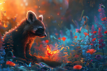 Poster - Raccoon & Butterfly in a Fantasy Forest Illustration