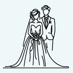 vector line drawing of the bride and groom on white background