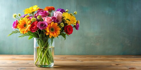 Wall Mural - Bright and colorful bouquet of flowers in a clear glass vase, bouquet, flowers, vibrant, arrangement, petals, vase, glass