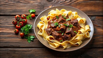 Poster - Beef cheeks with sauce on a plate of pappardelle pasta in a realistic background, beef, cheeks, sauce, pappardelle, pasta, plate