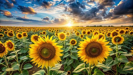 Sticker - Bright sunflowers standing tall in a vast field under the sun , nature, sunny, vibrant, yellow, flowers, agriculture, farming