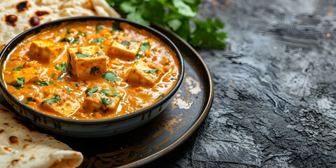 Canvas Print - Authentic recipe for Paneer Butter Masala with Laccha Paratha – A delicious Indian comfort food. Concept Paneer Butter Masala is a classic North Indian dish made with cottage cheese in a rich and cre