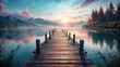 © tnihousestudio - Wooden pier extending into a serene lake at sunset.