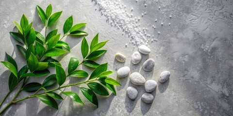 Canvas Print - Smooth white pebbles and green leaves on a surface.