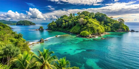 Poster - A picturesque view of Costa Rica's lush island landscape, with vibrant greenery and clear blue waters, Costa Rica, island