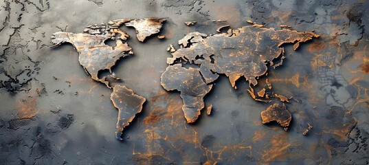 A world map carved from rusted metal, depicting the continents in a weathered and aged style