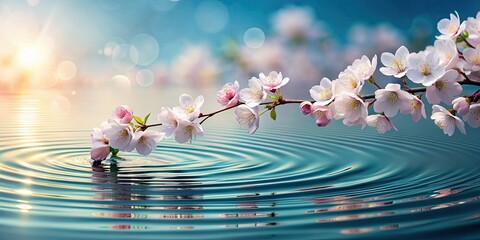 Wall Mural - Cherry blossom flowers floating on rippling water surface, cherry blossom, sakura, spring, pink, petals, reflection, serene