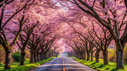 Sticker - Cherry blossom trees lining an empty road, sakura, trees, blooming, spring, pink, nature, road, empty, pathway, serene