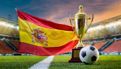 Wall Mural - Spain flag with football and cup trophy in a stadium for the European Championship