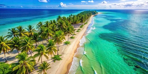 Canvas Print - Aerial view of a stunning beach with emerald waters, palm trees, and sunny skies, beach, aerial, shot, pristine, emerald