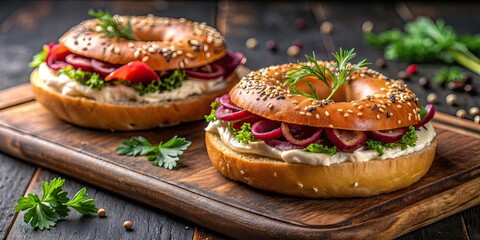 Poster - Bagels with cream cheese, smoked salmon, and beets on a dark table, Food, breakfast, brunch, bagel, cream cheese