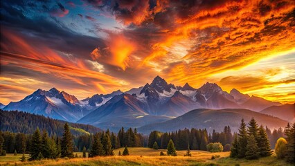 Sticker - A stunning sunset casting warm hues over majestic mountains, sunset, mountains, dusk, evening, sky, colors, landscape, nature