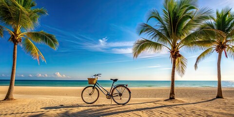 Wall Mural - Bike bicycle parked on sandy beach with backdrop of blue sea and palm trees, bike, bicycle, beach, sea, palm trees, tropical