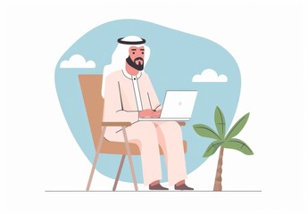 Poster - Arab Man Working on a Laptop in a Relaxing Setting