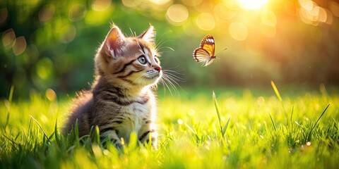 Sticker - Adorable kitten playing in the sun on green grass, staring at a butterfly, Kitten, summer, sun, green grass, butterfly, cute, playful