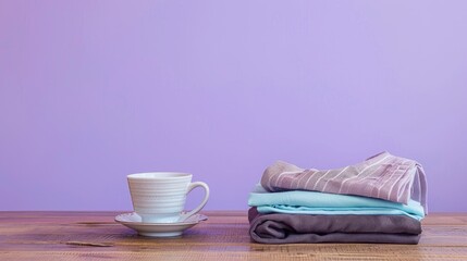 Wall Mural - Stack of folded clothes and cup of coffee on wood surface with purple backdrop Ample space for text