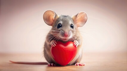 Wall Mural - A cute mouse holding a heart in its paws, mouse, heart, love, adorable, mammal, furry, small, animal, cuddly, valentine