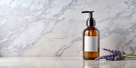 Sticker - Amber glass pump bottle mockup with blank label for lavender skin care on marble background