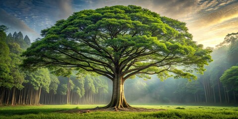 Canvas Print - A tall, majestic tree standing alone in the serene forest , nature, green, landscape, wilderness, environment, tranquil