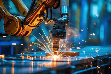 Wall Mural - a machine cutting a piece of metal with sparks