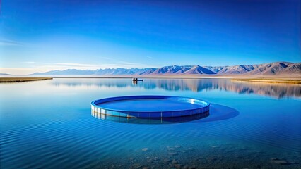 Canvas Print - Blue circular structure floating on calm water with desert in the background, blue, circular, structure, floating, water, calm