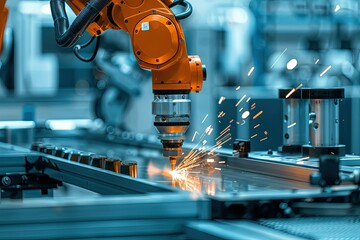 Sticker - a machine cutting a piece of metal in a factory