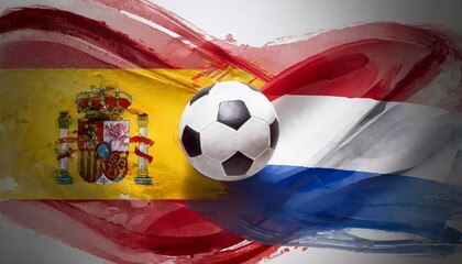 Wall Mural - Spain and netherlands flag on white background with football in the middle, European Champion