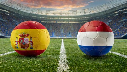 Wall Mural - Two soccer balls with country flags from spain and netherlands placed against each other on the green grass in a stadium for the European Championship