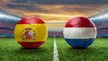 Wall Mural - Two soccer balls with country flags from spain and netherlands placed against each other on the green grass in a stadium for the European Championship