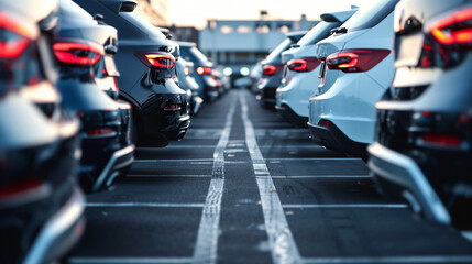 Poster - cars parked in the parking lot, used car for rental services or cars sale business background 