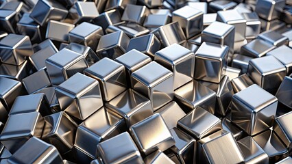 Poster - Close-up of a pile of shiny faceted steel blocks , steel, blocks, faceted, shiny, metallic, industrial, texture